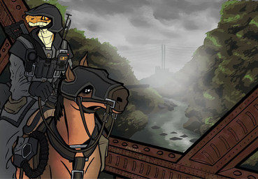 ambiguous_gender animal_mask anthro armor bottomwear bridge button_(fastener) clothing cloud cloudy_sky detailed_background electrical_lines electronics feral fog foggy_background gas_mask gloves gun handwear harness headgear helmet horse_mask looking_aside mask military pants ranged_weapon riding_horse river scales sky snake_eyes soldier text uniform walkie-talkie warrior weapon yellow_body yellow_scales knerbin equid equine horse mammal reptile scalie snake 2024 artist_name digital_drawing_(artwork) digital_media_(artwork) english_text hi_res