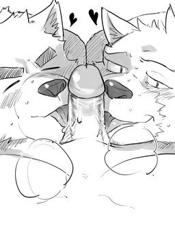 anthro blush bodily_fluids collaborative collaborative_fellatio collaborative_licking collaborative_oral collaborative_penis_lick collaborative_sex erection eyes_closed fellatio genitals group heart_symbol humanoid_genitalia humanoid_penis kemono licking looking_at_viewer male male/male musk oral penile penis penis_lick sex simple_background sweat tongue tongue_out ujishiyo canid canine mammal 2022 hi_res monochrome