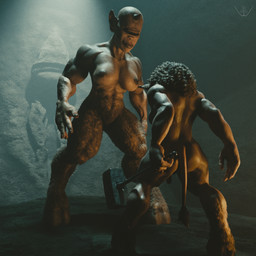 1_eye 1_horn 2_horns areola bald battle big_breasts big_ears black_hair black_horn black_tail_tuft breasts brown_areola brown_body brown_fur brown_nipples brown_skin brown_tail cave cavern dominant dungeon duo eyes_closed female fighting_pose fur grey_hooves gynomorph hair hammer head_horn hooves horn intersex larger_female logo melee_weapon muscular muscular_female muscular_gynomorph muscular_humanoid muscular_intersex nipples nude pose size_difference smaller_gynomorph smaller_intersex standing tail tail_tuft tools tuft warrior weapon cortnaya_greensteel european_mythology greek_mythology mythology bovid bovine cyclops humanoid mammal minotaur 1:1 3d_(artwork) artist_logo digital_media_(artwork)