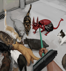 ambiguous_gender belt black_bottomwear black_clothing black_pants bottomwear broom cleaning_tool clothing facial_piercing feral hair nose_piercing nose_ring pants piercing red_hair ring_piercing septum_piercing septum_ring spade_tail studded_belt studs tail zarzaliel demon domestic_cat felid feline felis mammal absurd_res hi_res
