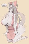 accessory anthro apron apron_only areola areola_slip big_breasts bow_ribbon breasts clothing eyewear female fur glasses green_eyes grey_hair hair hair_accessory hair_bow hair_ribbon huge_breasts inner_ear_fluff kemono kneeling licking licking_lips master mostly_nude peeking_nipple ribbons simple_background solo tongue tongue_out tuft whiskers white_body white_fur yuio canid canine canis domestic_dog mammal 2022 absurd_res artist_name dated digital_media_(artwork) hi_res shaded signature