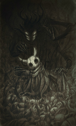 2_horns 5_fingers 6_eyes ambiguous_gender black_eyes cloak clothing creepy detailed_background duo fingers horn multi_eye white_eyes mushroom-owl hollow_knight_(franchise) team_cherry shade_lord_(hollow_knight) the_knight_(hollow_knight) shadow_creature vessel_(species) 2025 absurd_res hi_res painting_(artwork) traditional_media_(artwork) traditional_painting_(artwork)