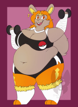3_toes anthro arm_wraps bar_emanata barbell belly big_belly big_breasts biped black_bottomwear black_clothing black_crop_top black_shirt black_shorts black_topwear bottomwear bra breasts brown_body brown_ears brown_fur brown_tail buckteeth butt cleavage clothed clothed_anthro clothed_female clothing crop_top emanata exercise eyebrows feet female female_anthro fingers fluffy fluffy_tail front_view fur fur_tuft hair happy markings obese obese_anthro obese_female open_mouth open_smile orange_bottomwear orange_clothing orange_eyebrows orange_eyes orange_hair orange_markings orange_shorts overweight overweight_anthro overweight_female pokeball_print red_mouth red_tongue shirt shorts smile solo sports_bra tail teeth thick_thighs toeless_(marking) toes tongue topwear training tuft underwear weightlifting white_tuft workout wraps yellow_emanata yellow_inner_ear yellow_markings yellow_tuft strawberrymilkdog nintendo pokemon cinderace generation_8_pokemon lagomorph mammal pokemon_(species) shiny_pokemon 2023 colored full-length_portrait hi_res portrait