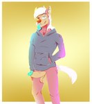 anthro blue_penis clothing genitals half_clothed hoodie male penis red_nose solo topwear concupisco syforg aeria canid canine mammal absurd_res hi_res