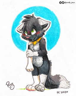 anthro black_body black_fur blush cheek_tuft closed_smile collar facial_tuft featureless_crotch front_view fur glistening glistening_eyes gloves_(marking) green_eyes grey_body grey_fur head_tuft leg_markings logo male markings mouth_closed nude pink_nose smile socks_(marking) solo standing tuft white_body white_fur yellow_collar young young_anthro young_male pandapaco felid mammal 2020 artist_logo dated full-length_portrait portrait signature