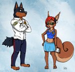 anthro black_body black_fur brown_body brown_eyes brown_fur duo female fur green_eyes hair jewelry male necklace red_hair scar ziegelzeig chief_doberman_(shevron) janine_(shevron) canid canine canis dobermann domestic_dog mammal pinscher rodent sciurid tree_squirrel