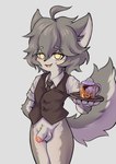 anthro bodily_fluids clothed clothing dizzy_eyes femboy fur genital_fluids genitals grey_body male multicolored_body multicolored_fur no_underwear penis precum solo suit young yamantauwu hyui_(yamantauwu) canid canine canis mammal wolf