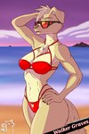 anthro athletic beach bikini bikini_bottom bikini_top blonde_hair clothing eyewear female fur green_eyes hair solo sunglasses sunset swimwear two-piece_swimsuit yellow_body yellow_fur alpaccasneaky bird_dog canid canine canis domestic_dog golden_retriever hunting_dog mammal retriever 2:3 hi_res