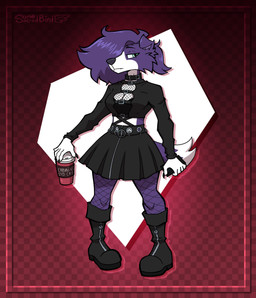 anthro beverage boots bottomwear breasts cellphone checkered checkered_background cleavage_cutout clothing coffee_cup collar container crop_top cup cutout electronics female fishnet_clothing fishnet_stockings fishnet_topwear floppy_ears fluffy fluffy_hair footwear fur green_eyes hair holding_beverage holding_cellphone holding_object holding_phone holding_smartphone looking_at_viewer pattern_background phone purple_body purple_fur purple_hair red_background shirt shoes simple_background skirt smartphone solo standing topwear wearing_collar white_body white_fur somesacredbird dog_(somesacredbird) border_collie canid canine canis collie domestic_dog herding_dog mammal pastoral_dog sheepdog 2022 absurd_res digital_drawing_(artwork) digital_media_(artwork) hi_res nonbinary_(lore)