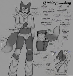 anthro band-aid band-aid_on_face band-aid_on_leg bandage bandage_on_face black_body black_fur bracelet briefs bulge butt character_bio clothing cropped_hoodie dipstick_tail fur heart_clothing heart_symbol heart_underwear jewelry kerchief knee_pads leg_warmers legwear male markings medallion midriff mole_(marking) neckerchief neckwear pie_cut_eyes pleading_eyes pronouns slim_male smile solo stated_age stated_gender stated_height tail tail_markings tail_motion tailwag technology text underwear v-line cerberussenn lucky_sweeto_(cerberussenn) canid canine canis mammal wolf absurd_res character_name english_text hi_res signature sketch_page