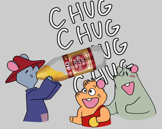 anthro biped brown_body chibi clothed clothing drinking group hat headgear headwear open_mouth simple_background solo zigzakk gamba_no_bouken gamba_no_bouken_(series) miller_brewing_company olde_english_800 bobo_(gamba_no_bouken) ganba shijin mammal mouse murid murine rodent 2025 hi_res