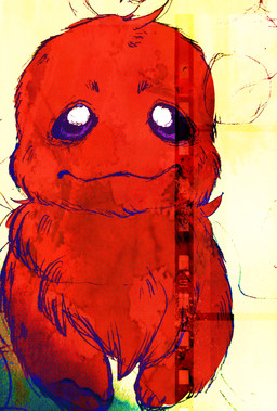 ambiguous_feral ambiguous_gender bald chest_tuft feral front_view fur monotone_body monotone_fur mouth_closed neutral_expression purple_eyes quadruped red_body red_fur sitting solo tuft young young_ambiguous young_feral le_saturna fluffy_pony fluffy_pony_(species) jellenheimer mammal 2021 digital_media_(artwork) english_description hi_res