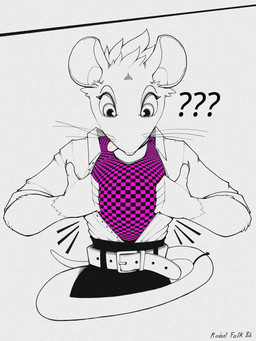 anthro belt claws clothed clothing confusion female fur furgonomics hair missing_texture open_clothing open_shirt open_topwear question_mark shirt solo tongue tongue_out topwear whiskers gompami mammal murid murine rat rodent 2026 3:4 absurd_res hi_res spot_color