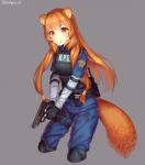 animal_ears brown_body brown_fur brown_hair chibi clothed clothing cosplay female fully_clothed fur grey_background gun hair handgun holding_gun holding_handgun holding_object holding_pistol holding_ranged_weapon holding_weapon long_hair looking_at_viewer pistol police ranged_weapon red_eyes simple_background solo tail trigger_discipline vp70 weapon bsapricot capcom resident_evil the_rising_of_the_shield_hero raphtalia animal_humanoid canid canid_humanoid canine canine_humanoid humanoid mammal mammal_humanoid tailed_humanoid tanuki_humanoid hi_res