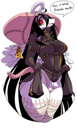 amputee anthro bandage belt big_ears black_hair bottomless breasts clothed clothing disability female fur genitals hair halo long_hair long_sleeves missing_arm red_eyes simple_background smile solo text thick_thighs vulva white_background white_body white_fur wide_hips wings cakewasgood salazar_(cakewasgood) mammal mouse murid murine rodent english_text hi_res