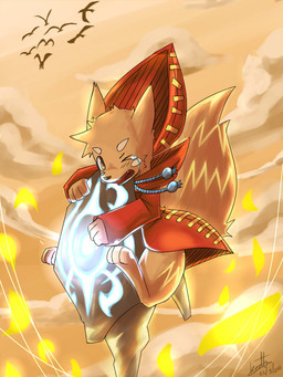ambiguous_gender anthro bodily_fluids clothed clothing cloud crying fangs fur group looking_at_viewer male one_eye_closed open_mouth orange_body orange_eyes orange_fur orange_tail outside red_clothing red_tongue silhouette solo_focus tail tears teeth tongue kuttoyaki ambient_bird avian bird species_request 2011 3:4 dated signature