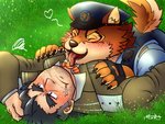 anthro blush cigarette clothing countershading detective duo heart_symbol human_on_anthro interspecies licking male male/male muscular muscular_male police police_hat police_uniform tongue tongue_out uniform kmskths lifewonders live_a_hero barrel_(live_a_hero) detective_gammei canid canine canis human mammal wolf 4:3