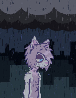 alternative_fashion ambiguous_gender anthro blue_eyes city cityscape detailed_background emo fangs fur hair pink_hair purple_body purple_fur purple_hair raining sad scene_haircut solo storm teeth toony demensa canid canine mammal 2025 half-length_portrait hi_res portrait