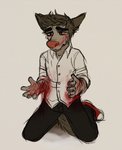 anthro big_nose blood blood_on_clothing blood_on_face blood_on_hand bodily_fluids bottomwear brown_body brown_fur brown_hair canid canine canis chubbyfurries clothed clothing colored_sketch converse_shoes crying domestic_dog dress_shirt ears_back ethan_(chubbyfurries) eyebrows frown fully_clothed fur gore hair kneeling low_res male mammal pants pivoted_ears rolled_up_sleeves sad scar self-harm shirt simple_background sketch solo tears thick_eyebrows topwear wounded