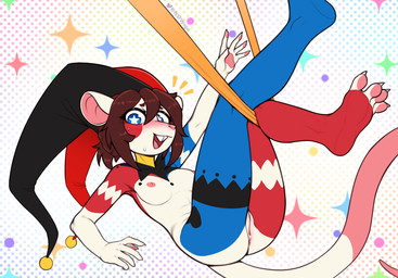 4_toes anthro anus blue_body blue_eyes blue_fur breasts brown_hair buckteeth claws clothing feet female fool's_hat fur genitals hair hat hat_only headgear headgear_only headwear headwear_only jester looking_at_viewer mostly_nude multicolored_body multicolored_fur nipples red_body red_fur smile solo starry_eyes teeth toe_claws toes vulva white_body white_fur w4g4 mammal murid murine rat rodent hi_res