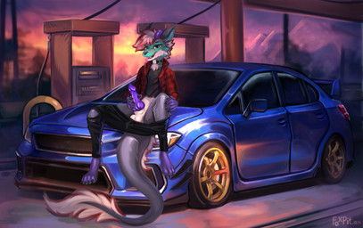 animal_genitalia animal_penis anthro balls car choker claws clothed clothed_anthro clothing fluffy fluffy_tail fur gas_station genitals horn jewelry knot knotted_penis looking_at_viewer male necklace paws penis solo tail vehicle foxpit mythology subaru subaru_wrx canid canine dragon furred_dragon furred_scalie hybrid mammal mythological_canine mythological_creature mythological_scalie nardoragon scalie absurd_res hi_res