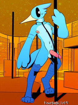 anthro balls blush circumcised circumcision_scar dancing feathers flaccid genital_scar genitals humanoid_genitalia humanoid_penis looking_at_viewer male necktie nipples nude penis pole pole_dancing scar solo standing stripper stripper_pole wet tigertooth avian 2019 digital_media_(artwork) hi_res