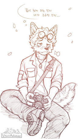 anthro boots bottomwear breath camera clothing depression dipstick_ears ear_markings footwear jewelry male multicolored_ears necklace overshirt pants pockets shirt shoes solo tail text topwear undershirt vitaliachiever gamma_wolf_(vitaliachiever) canid canine canis mammal wolf 4k 9:16 absurd_res guide_lines hi_res korean_text signature sketch translated