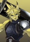 alternate_species anthro black_nose blonde_hair blue_eyes broadsword buster_sword clothed clothing cloud_stance dipstick_ears ear_markings front_view frown fur furrification hair male melee_weapon multicolored_ears shoulder_guards solo sword weapon yellow_body yellow_fur kiki-uma final_fantasy final_fantasy_vii square_enix cloud_strife canid canine fox mammal