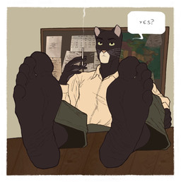 5_fingers 5_toes anthro barefoot black_body black_eyes black_fur border bottomwear cigarette clothing dialogue feet fingers foot_fetish foot_focus foot_on_table fur furniture humanoid_feet humanoid_hands male multicolored_body multicolored_fur pants pink_nose plantigrade shirt smoke smoking soles solo speech_bubble table toes topwear two_tone_body two_tone_fur whiskers white_body white_border white_fur wrinkled_feet wrinkles yellow_sclera iamcybordraws blacksad john_blacksad domestic_cat felid feline felis mammal
