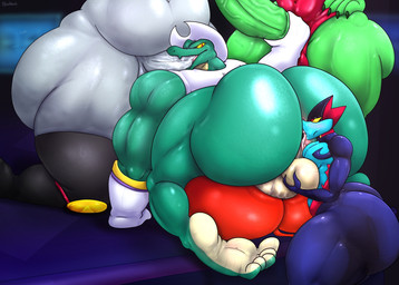 all_fours anal anal_penetration anthro anus balls biceps big_balls big_butt big_muscles big_penis black_hair blue_body blue_skin bodily_fluids bubble_butt butt fellating_while_rimmed fellatio fur gangbang genitals green_body green_scales group group_sex hair handjob horn huge_balls huge_butt huge_penis kneeling larger_male larger_penetrated larger_rimmed licking looking_back male male/male male_penetrated male_penetrating male_penetrating_male male_rimming_male membrane_(anatomy) membranous_wings mixed_sandwich_position musclegut muscular muscular_anthro muscular_butt muscular_male nervous nervous_sweat nude_anthro nude_humanoid nude_male oral pecs penetrating_while_rimmed penetration penile penile_penetration penis penis_in_ass penis_in_mouth rear-quarter_view rear_view red_body red_eyes red_fur rimmee_giving_handjob rimming scales sex shocked shortstack shortstack_male size_difference slightly_chubby slightly_chubby_anthro slightly_chubby_male smaller_male smile smirk spade_tail sweat tail three-quarter_view tongue tongue_out top_hole white_body white_fur wings yellow_sclera nicolaowo kings_of_hell mythology agares_(kings_of_hell) enfer_belial gremile_'hotshot' lutin_lucifer mal_leviathan bovid caprine caprine_demon crocodile crocodilian demon dragon goat goat_demon imp mammal mythological_creature mythological_scalie reptile scalie hi_res