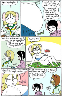 abdominal_bulge anthro asian_clothing bandeau belly black_hair bloated blonde_hair bodily_fluids bottomwear breasts clothing dialogue dripping drooling east_asian_clothing eating female fur group hair japanese_clothing japanese_school_uniform overweight rumbling_stomach saliva saliva_drip school_uniform serafuku shirt skirt speech_bubble stuffing sweater text topwear trio turtleneck uniform white_body white_fur s.sakurai felid mammal mouse murid murine rodent comic english_text