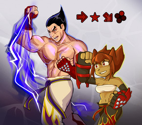 4_fingers 5_fingers anthro armwear black_hair bottomwear breasts brown_body brown_hair clothing crop_top duo elbow_gloves electric_wind_god_fist female fighting_game fingerless_gloves fingers gloves hair handwear input_prompt larger_human larger_male male pants punch purple_electricity purple_lighting purple_lightning red_eyes shirt shirtless simple_background size_difference small_breasts smaller_anthro smaller_female standing topwear training whiskers boanoitelulu gameoverse glitch_productions tekken kazuya_mishima kit_bodega domestic_cat felid feline felis human mammal invalid_color absurd_res hi_res
