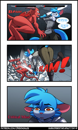 anthro biped blue_body blue_fur butt clothed clothed_anthro clothed_male clothing dialogue duo exclamation_point eyebrows fingers fur horn humor male open_mouth pink_nose rear_view red_tail standing tail text wings jay-r jay-r_(character) canid canine fox imp mammal absurd_res comic english_text hi_res url