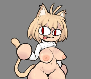 animal_ears animal_tail areola big_breasts blonde_hair bottomless breasts clothed clothing female front_view fur genitals grey_background hair inner_ear_fluff looking_at_viewer nipples pink_areola pink_nipples pupils raised_clothing raised_topwear red_eyes short_hair simple_background slit_pupils solo tan_body tan_fur tan_skin thick_thighs topwear tuft vulva white_clothing white_topwear wide_hips allewdbruh melty_blood tsukihime type-moon neco-arc animal_humanoid cat_humanoid felid felid_humanoid feline feline_humanoid humanoid mammal mammal_humanoid