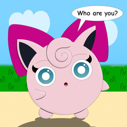 bow_accessory curious female feral front_view glistening glistening_eyes looking_at_viewer open_mouth outside pink_body question simple_background solo speech_bubble standing text cyrildraws nintendo pokemon naomi_the_jigglypuff_(cyrildraws) generation_1_pokemon jigglypuff pokemon_(species) 1:1 2026 artist_name digital_media_(artwork) english_text hi_res shaded signature