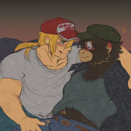 anthro anticipation arm_around_shoulders bar_emanata baseball_cap bedroom_eyes black_clothing black_jacket black_topwear blonde_hair blue_bottomwear blue_clothing blue_eyes blue_jeans blue_pants blush blush_lines bottomwear brown_body brown_fur bulge canon_x_oc clothed clothing clothing_lift denim denim_bottomwear denim_clothing denim_jacket denim_topwear duo emanata erection erection_under_clothing flash_emanata flustered fur gradient_background green_clothing green_hat green_headwear grey_clothing grey_shirt grey_topwear hair hairless_face hand_on_leg hand_on_thigh hat headgear headwear imminent_sex jacket jeans licking licking_lips light_body light_skin long_hair looking_at_another looking_at_hand looking_down lustful_gaze male male/male narrowed_eyes nipple_outline olive_skin pants ponytail pubes pubes_exposed red_clothing red_hat red_headwear scribble_eyes seductive selfship shirt shirt_lift simple_background sitting t-shirt tenting text text_on_clothing text_on_hat text_on_headwear tongue tongue_out topwear white_clothing white_shirt white_topwear snake_venom eight_(snake_venom) terry_bogard haplorhine human mammal monkey primate hi_res