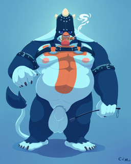 accessory balls belly big_belly black_harness black_mask blue_background blue_balls blue_body blue_eyebrows blue_fur blue_tail cigar cigar_in_mouth cock_ring eyebrows flaccid front_view fur genitals harness humanoid_genitalia humanoid_penis jewelry looking_at_viewer male mask navel nipples nude obese obese_humanoid obese_male object_in_mouth overweight overweight_humanoid overweight_male penis penis_accessory penis_jewelry pink_nipples simple_background solo tail tail_tuft teeth tuft wearing_mask chocolateandmilk humanoid 4:5 full-length_portrait hi_res portrait