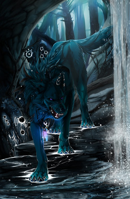 4_toes ambiguous_gender blue_body blue_fur detailed_background feet feral forest fur night open_mouth outside plant purple_eyes solo teeth toes tongue tree wolfroad canid canine canis mammal wolf 2015 absurd_res digital_media_(artwork) hi_res