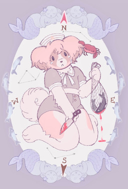 anthro belly black_eyes blood blood_drip blush blush_lines bodily_fluids breasts clothing compass_rose constellation crying curled_tail directional_arrow dripping eyelashes female fishing_net fur group hat headgear headwear holding_knife holding_object knife net nipples paws sailor_cap sailor_collar small_breasts split_form tail tan_body tan_fur tears thick_thighs white_belly white_body white_fur snowspot arthropod asterozoan canid canine canis crab crustacean decapod domestic_dog echinoderm fish malacostracan mammal marine merfolk starfish digital_media_(artwork) full-length_portrait hi_res portrait
