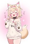 accessory animal_humanoid blonde_hair blush breasts canid canid_humanoid canine canine_humanoid cleavage clothed clothing collar dog_humanoid eyes_closed fangs female hair hair_accessory hi_res highlights_(coloring) hololive hololive_en humanoid japanese_text mammal mammal_humanoid mococo_abyssgard multicolored_hair open_mouth open_smile pink_highlights small_breasts smile solo standing sweater tail teeth text topwear vtuber zazami_d
