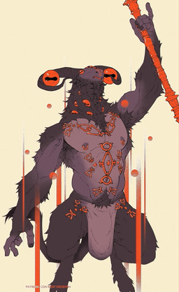 anthro armpit_hair biped body_hair bottomwear bulge chest_piercing clothing crouching holding_object holding_staff hooves horizontal_pupils loincloth male multi_eye muscular muscular_anthro muscular_male neck_eye nipple_piercing nipple_ring nipples orange_eyes piercing pube_peek pubes pupils ring_piercing solo staff tail tail_tuft tuft bonfiredemon elden_ring elden_ring_nightreign fromsoftware libra_creature_of_night bovid caprine caprine_demon demon goat_demon mammal 2026 digital_media_(artwork) hi_res