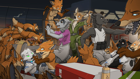 anthro armor blue_eyes body_armor breasts clothing danger dominant dominant_female female female/female feral fight fluffy fur genitals glowing glowing_eyes group gun hand_holding hivemind male male/female open_mouth orange_body orange_fur pounce ranged_weapon scared science_fiction sharp_teeth smile swarm swarmed teasing teeth uniform vulva weapon timor malcoon the_tiny_hungering_vulpines_(spottea) arctic_fox badger canid canine deer devouring_swarm fox inanis_(species) mammal mustelid musteline procyonid raccoon true_fox 16:9 absurd_res hi_res widescreen