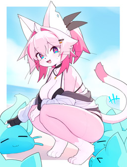 anthro biped blush bra breasts claws clothed clothed_anthro clothed_female clothing countershade_torso countershading crouching feet female fingers front_view fur hair looking_at_viewer smile solo tail teeth toes tongue underwear devil-vox io_(devil-vox) domestic_cat felid feline felis mammal 2026 absurd_res digital_drawing_(artwork) digital_media_(artwork) hi_res
