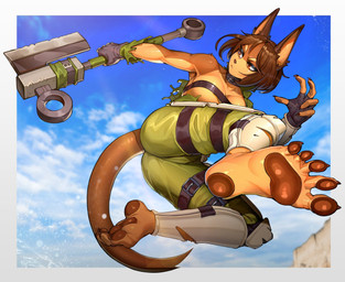 5_fingers 5_toes anthro armor axe barefoot bottomwear breasts brown_body brown_eyes brown_fur brown_pawpads claws cleavage clothed clothing curling_toes eyelashes feet female fingerless_gloves fingers fur gloves green_bottomwear green_clothing green_pants hair handwear holding_object holding_weapon humanoid_feet melee_weapon multicolored_body multicolored_fur muscular outside pants pawpads paws plantigrade sky skyscape soles solo spread_toes tan_body tan_fur toe_claws toes topwear torn_clothing two_tone_body two_tone_fur weapon kambo dog_knight_rpg rory_(ceehaz) canid canine canis dobermann domestic_dog hunting_dog mammal pinscher digital_media_(artwork) hi_res