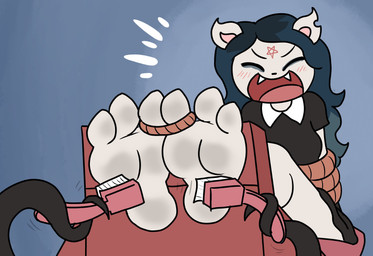 anthro bdsm black_clothing black_dress black_hair blue_hair blush blush_lines bondage bound brush clothing dress eyebrows eyes_closed fangs feet female foot_fetish foot_focus fur grey_hair hair laugh multicolored_hair notched_ear occult_symbol open_mouth open_smile pentagram pink_inner_ear plantigrade restrained restraints rope rope_bondage smile soles solo_focus stocks symbol teeth tendrils tickle_fetish tickle_torture tickling tickling_feet toe_restraints toes toes_tied white_body white_fur compysteps cartoon_hangover the_summoning claire_(the_summoning) domestic_cat felid feline felis hybrid mammal hi_res