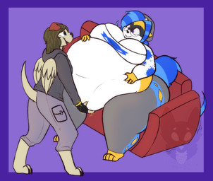 4_fingers 4_toes anthro back_wings barefoot beanie belly belly_grab belly_lift big_belly big_breasts biped blue_hair blue_tail bottomwear breasts brown_hair cleavage clothed clothed_anthro clothed_female clothed_male clothing countershading duo electrogenesis eyewear facial_markings feathered_wings feathers feet female female_anthro fingers folded_wings fur furgonomic_topwear furgonomics furniture glasses grey_beanie grey_bottomwear grey_clothing grey_hat grey_headwear grey_hoodie grey_pants grey_topwear hair hat head_markings headgear headwear hoodie huge_belly larger_anthro larger_female male male/female male_anthro markings mask_(marking) obese obese_anthro obese_female on_sofa orange_body orange_ears orange_fur overweight overweight_anthro overweight_female pants red_ears round_glasses shirt sitting sitting_on_sofa size_difference smaller_anthro smaller_male sofa striped_hair striped_markings striped_tail stripes tail tail_markings tan_body tan_feathers tan_fur tan_tail tan_wings thick_thighs toes topwear torn_bottomwear torn_clothing torn_pants wardrobe_malfunction white_body white_clothing white_countershading white_shirt white_topwear wide_hipped_anthro wide_hipped_female wide_hips wings yellow_electricity strawberrymilkdog glowie_(doughieglowie) hainu_(soulfulhainu) canid canine canis domestic_dog hainu mammal procyonid raccoon hi_res