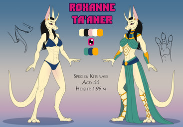 anthro clothed clothing dress ear_piercing eastern equis_universe female lasfarean muscular muscular_anthro muscular_female outline paws piercing solo text underwear sunny_way roxanne_ta'aner ki'rinaes digital_media_(artwork) english_text model_sheet
