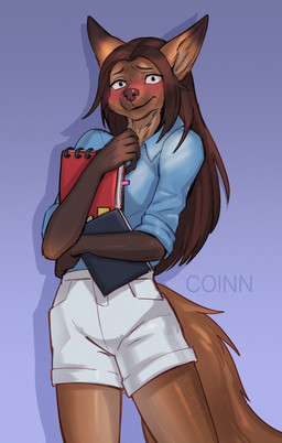anthro biped blush bottomwear breasts clothed clothed_anthro clothed_female clothing female fingers front_view fully_clothed fully_clothed_anthro fully_clothed_female fur hair looking_at_viewer simple_background solo standing tail topwear coinn8 canid canine mammal 2026 absurd_res digital_drawing_(artwork) digital_media_(artwork) hi_res