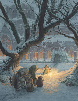 ambiguous_gender anthro backpack barefoot brown_body brown_fur building clothing cloud cloudy_sky detailed_background door dress feet fur green_clothing green_dress group holding_lamp holding_object holding_stick hood night outside plant size_difference sky snow standing stick tree window young chris_dunn eulipotyphlan hedgehog mammal mouse murid murine rodent 2025 traditional_media_(artwork)