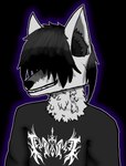 anthro band_shirt black_hair clothing fluffy fluffy_hair fur graphic_tee grey_body grey_fur grin hair hair_over_eye hair_over_eyes hair_over_face inner_ear_fluff male neck_tuft one_eye_obstructed smile solo sweater topwear tuft erryryl canid canine fox mammal bust_portrait hi_res portrait